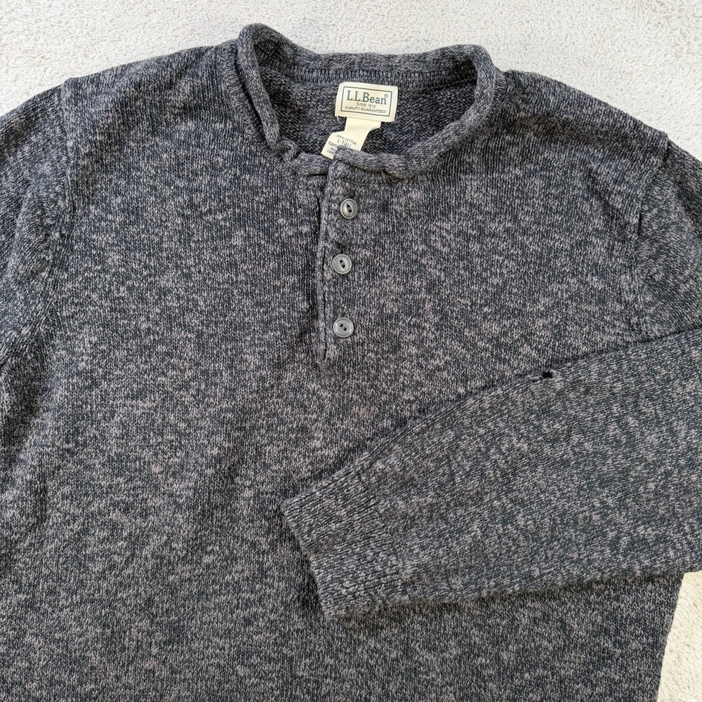 LL Bean Sweater Mens Large Tall Grey Henley Roll Neck Knit Fisherman Pullover LT